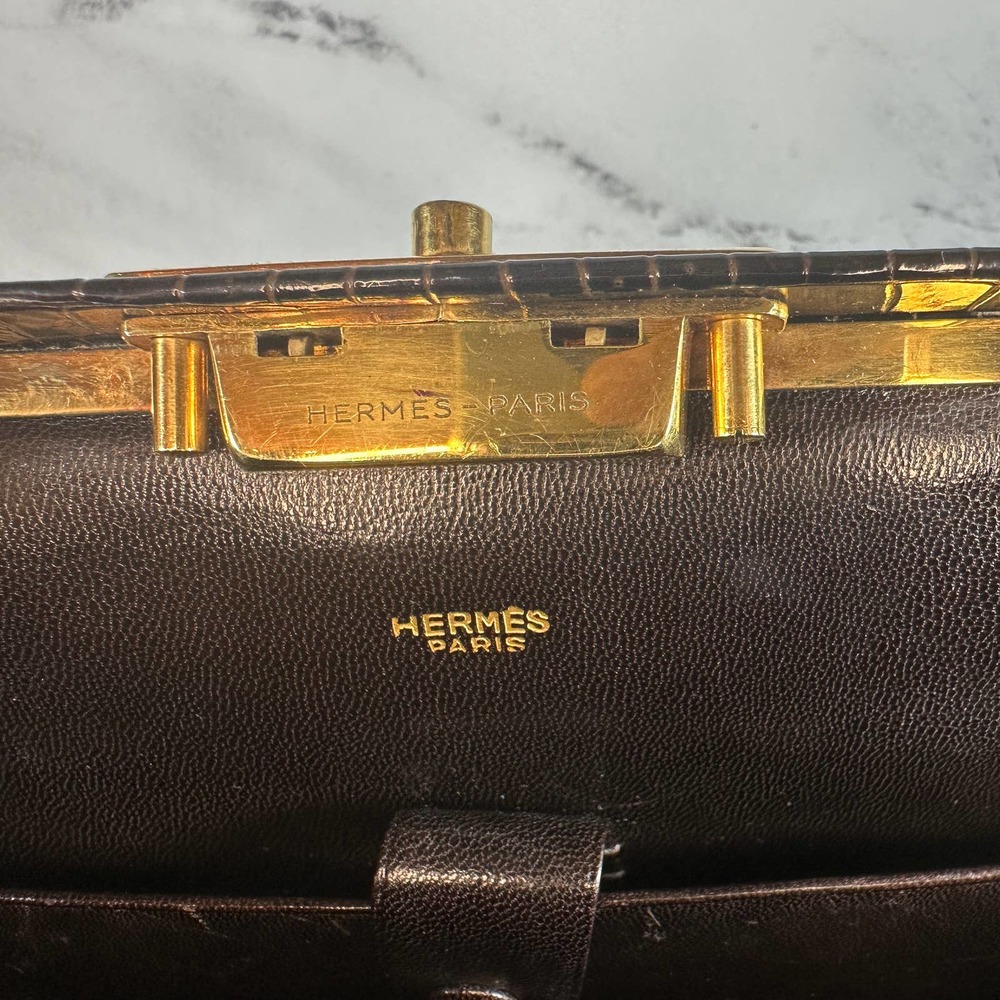 ❌❌ Hermes Crocodile Doctor's Bag Sac Mallette Marron Fonce Shiny Vintage tote - Picture 9 of 16